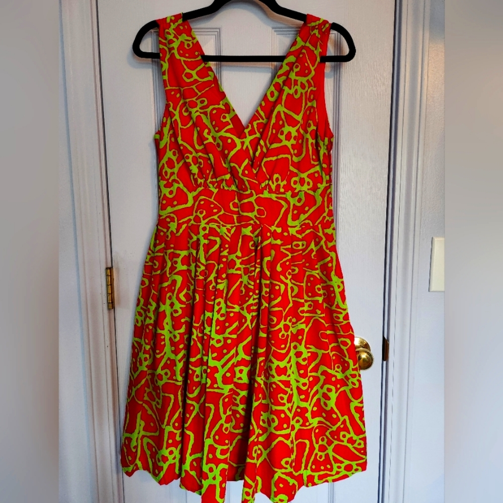 Aryeh chartreuse& pink cross front dress sz.M